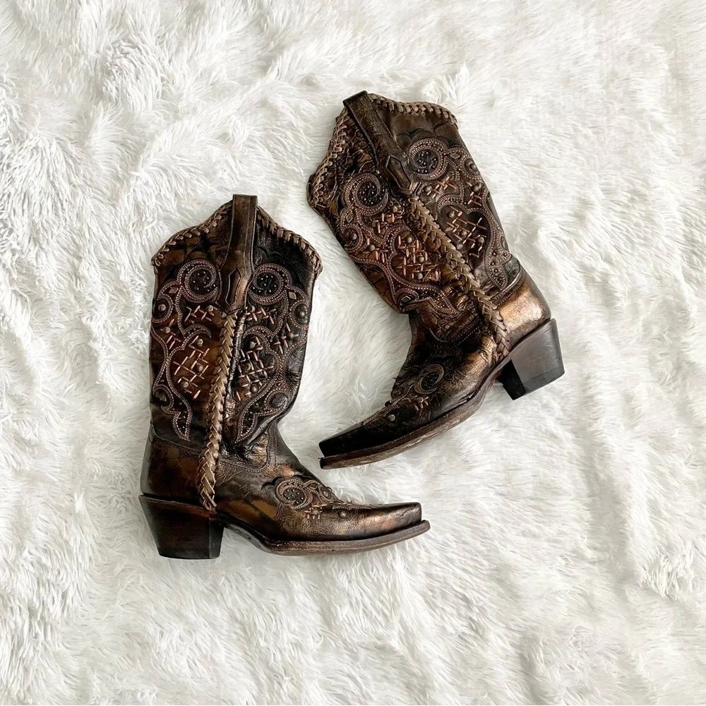 CORRAL Leather Laced Studded Embroidered Snip Toe Cowgirl Boots R1217 western - Picture 3 of 11